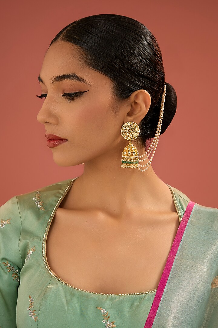 Gold Finish Jadau Pachi Kundan Polki & Pearl Dangler Earrings by Amreli Jaipur at Pernia's Pop Up Shop