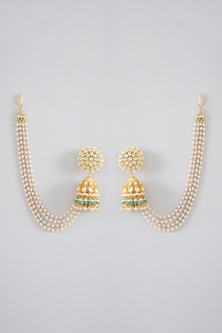 Gold Finish Jadau Pachi Kundan Polki & Pearl Dangler Earrings by Amreli Jaipur at Pernia's Pop Up Shop