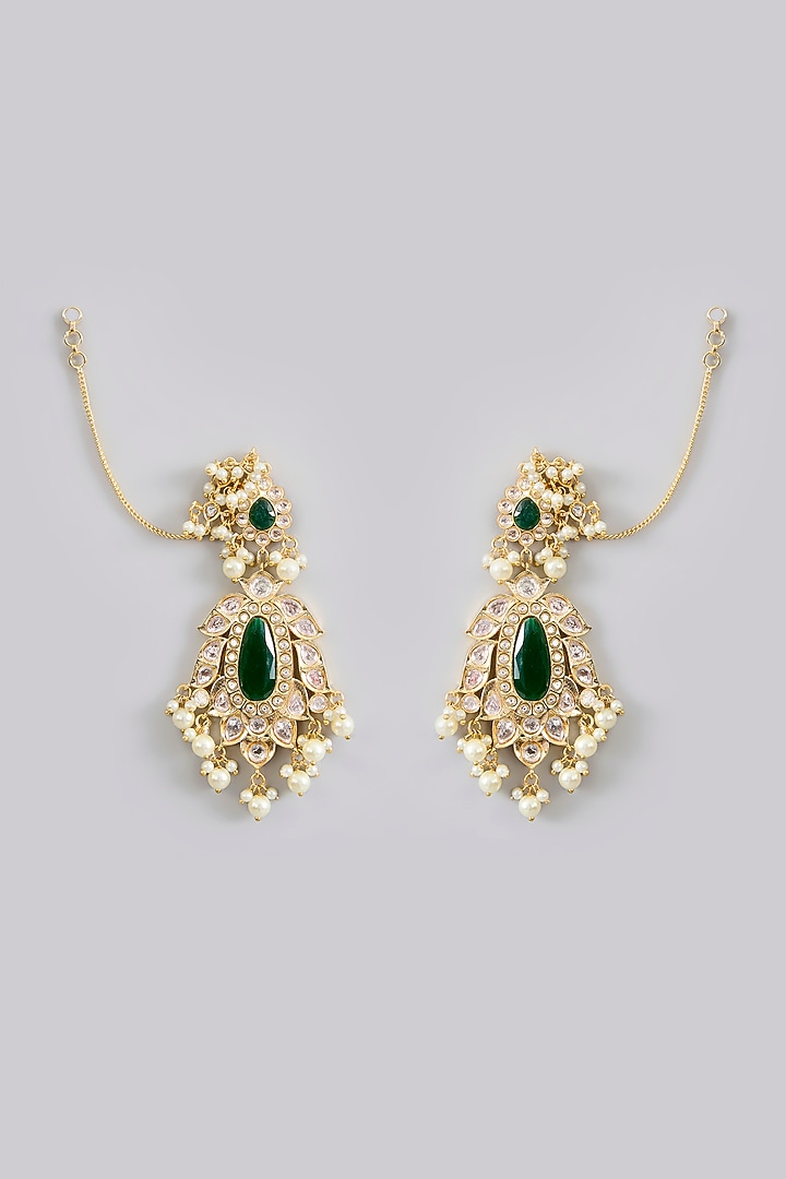 Gold Finish Jadau Kundan Polki & Pearl Dangler Earrings by Amreli Jaipur at Pernia's Pop Up Shop