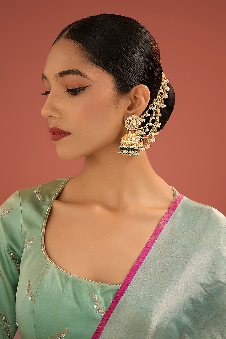 Gold Finish Jadau Pachi Kundan Polki & Pearl Dangler Earrings by Amreli Jaipur at Pernia's Pop Up Shop