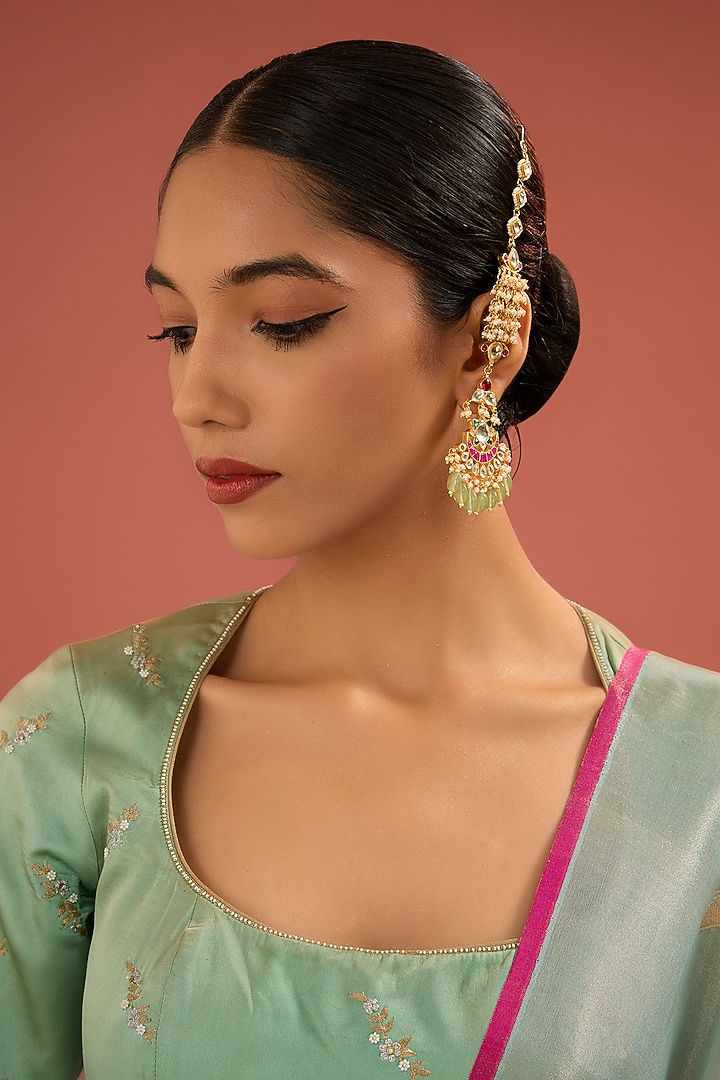 Gold Finish Jadau Pachi Kundan Polki & Pearl Dangler Earrings by Amreli Jaipur at Pernia's Pop Up Shop