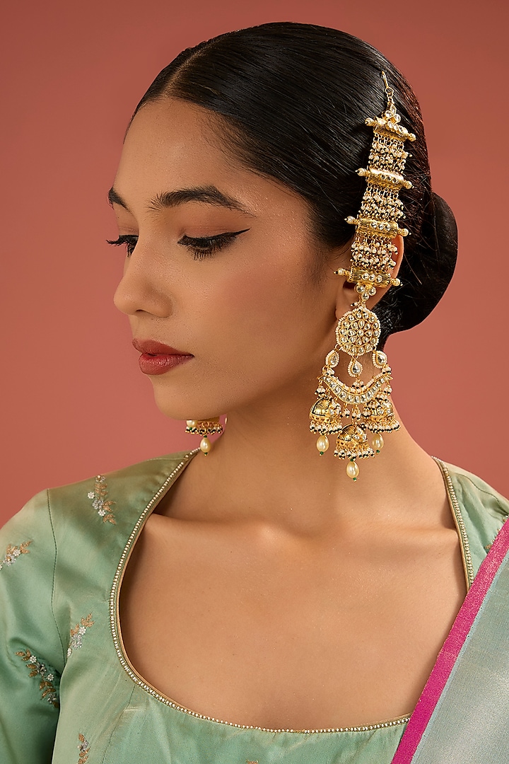 Gold Finish Jadau Pachi Kundan Polki & Pearl Dangler Earrings by Amreli Jaipur at Pernia's Pop Up Shop