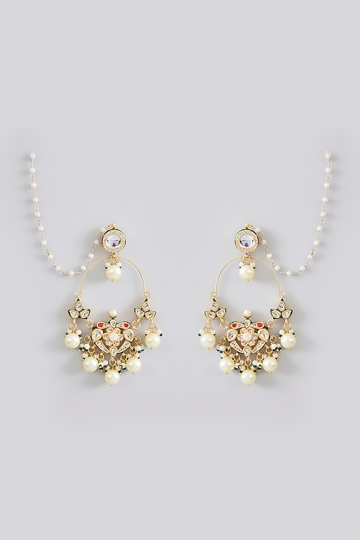 Gold Finish Kundan Polki & Pearl Chandbali Earrings by Amreli Jaipur at Pernia's Pop Up Shop