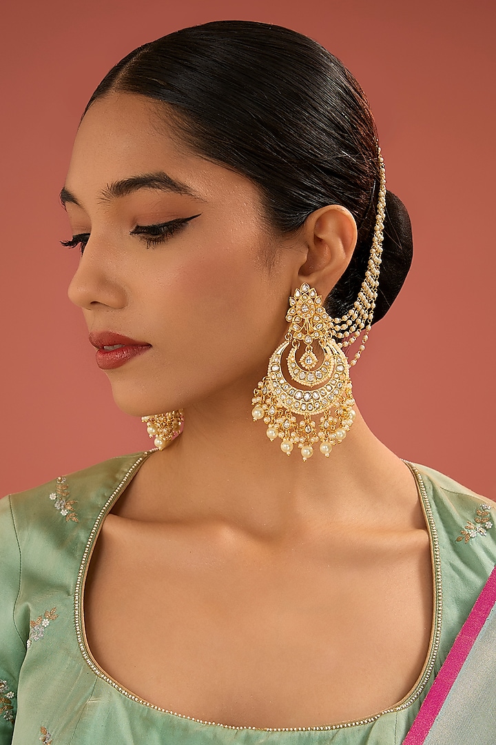 Gold Finish Jadau Kundan Polki & Pearl Chandbali Earrings by Amreli Jaipur at Pernia's Pop Up Shop