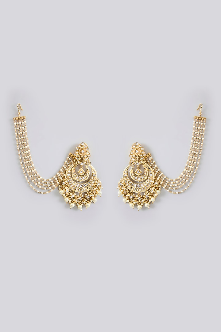 Gold Finish Jadau Kundan Polki & Pearl Chandbali Earrings by Amreli Jaipur at Pernia's Pop Up Shop
