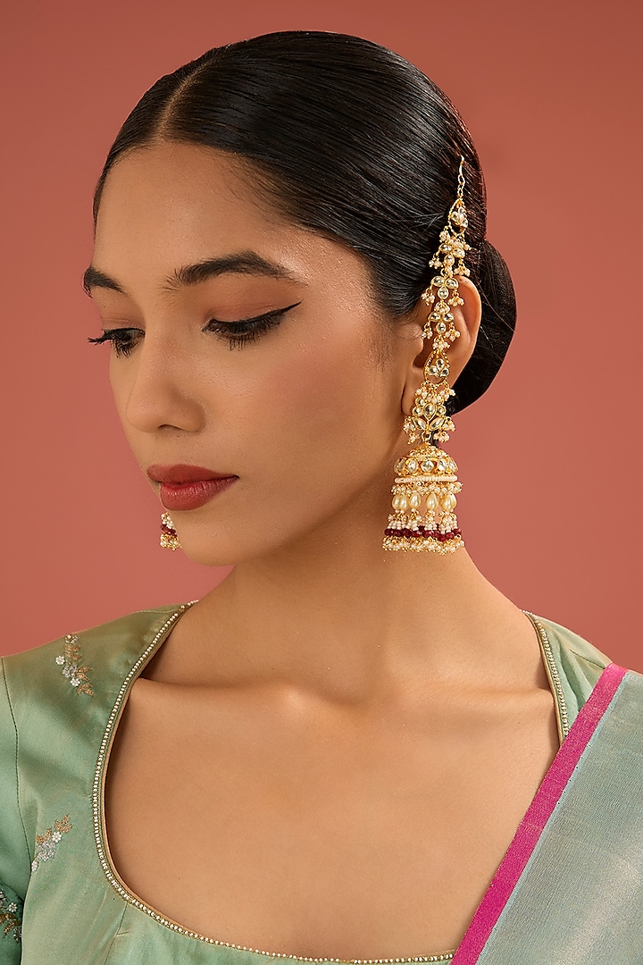 Gold Finish Jadau Pachi Kundan Polki & Pearl Dangler Earrings by Amreli Jaipur at Pernia's Pop Up Shop