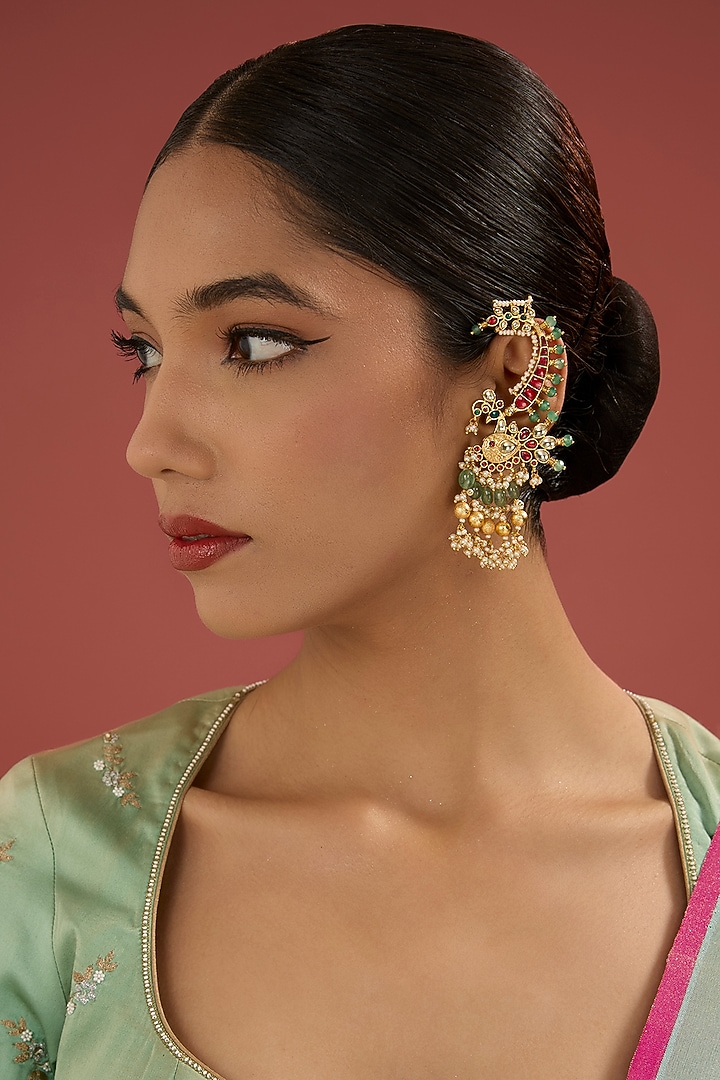Gold Finish Jadau Pachi Kundan Polki & Pearl Dangler Earrings by Amreli Jaipur at Pernia's Pop Up Shop