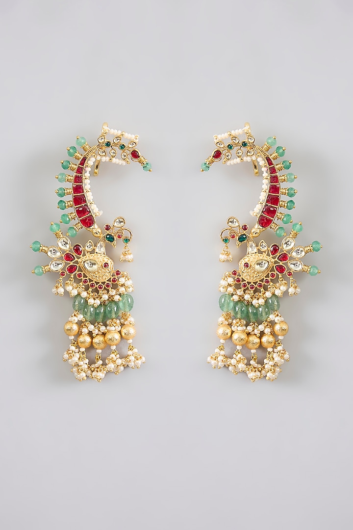 Gold Finish Jadau Pachi Kundan Polki & Pearl Dangler Earrings by Amreli Jaipur at Pernia's Pop Up Shop