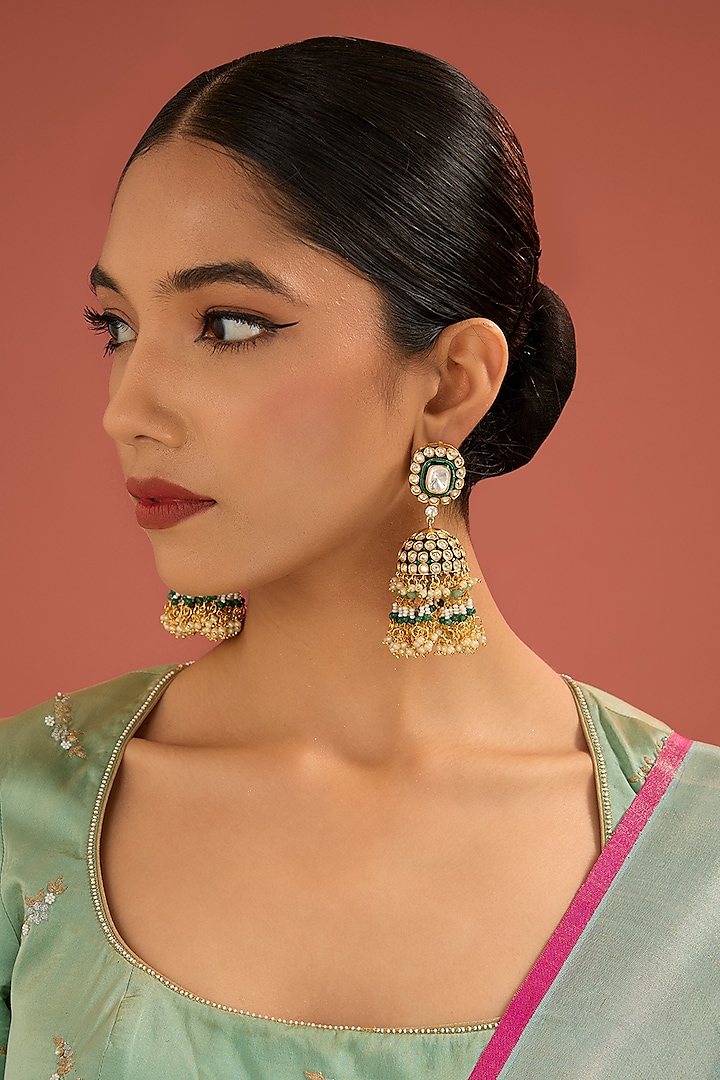 Gold Finish Jadau Kundan Polki & Pearl Dangler Earrings by Amreli Jaipur at Pernia's Pop Up Shop