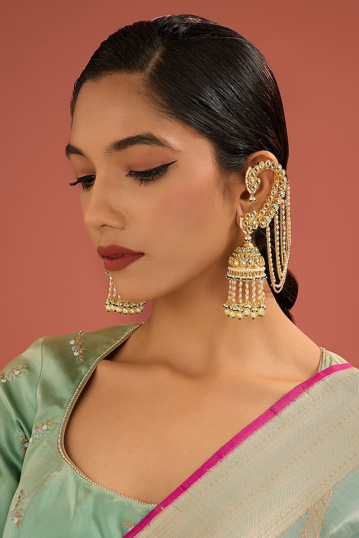 Gold Finish Jadau Pachi Kundan Polki & Pearl Dangler Earrings by Amreli Jaipur at Pernia's Pop Up Shop