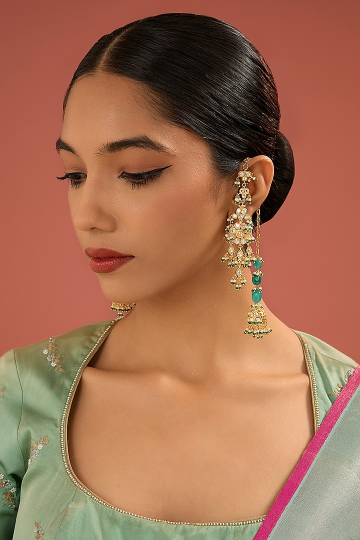 Gold Finish Jadau Kundan Polki & Pearl Dangler Earrings by Amreli Jaipur at Pernia's Pop Up Shop