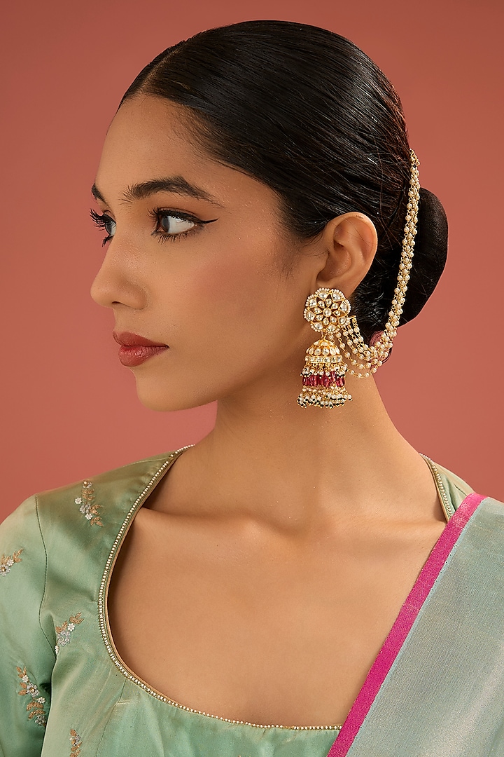 Gold Finish Jadau Pachi Kundan Polki & Pearl Dangler Earrings by Amreli Jaipur at Pernia's Pop Up Shop