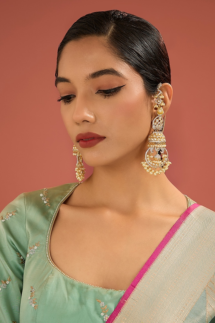 Gold Finish Jadau Kundan Polki & Pearl Dangler Earrings by Amreli Jaipur at Pernia's Pop Up Shop