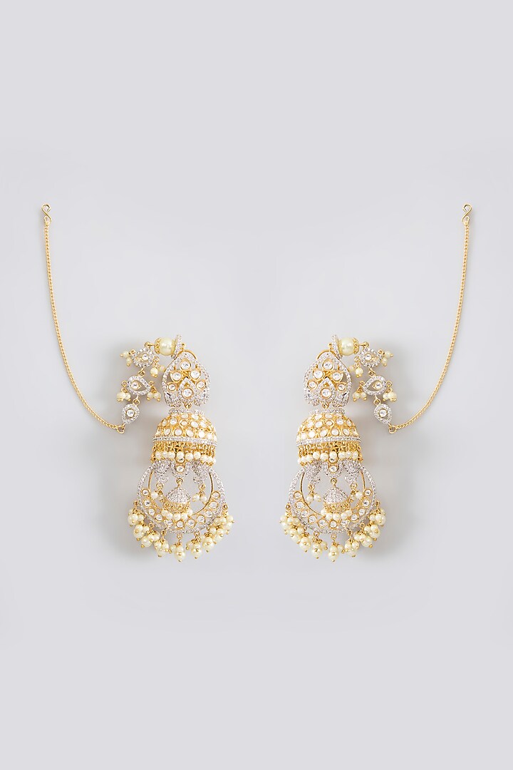 Gold Finish Jadau Kundan Polki & Pearl Dangler Earrings by Amreli Jaipur at Pernia's Pop Up Shop