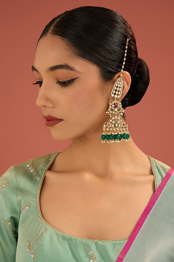 Gold Finish Jadau Kundan Polki & Pearl Dangler Earrings by Amreli Jaipur at Pernia's Pop Up Shop