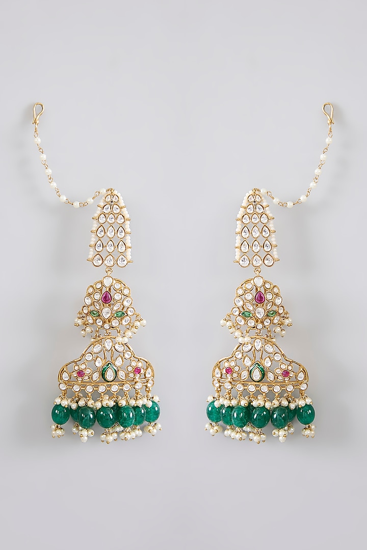 Gold Finish Jadau Kundan Polki & Pearl Dangler Earrings by Amreli Jaipur at Pernia's Pop Up Shop