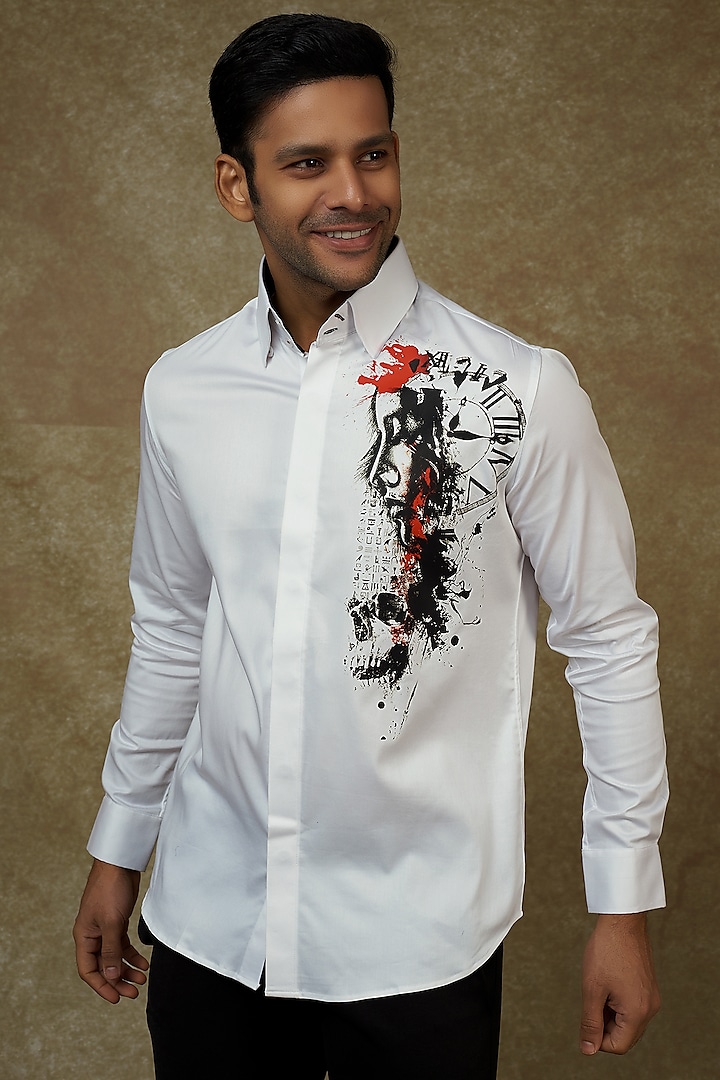 White Cotton Lycra Printed Shirt by AMIT ARORA