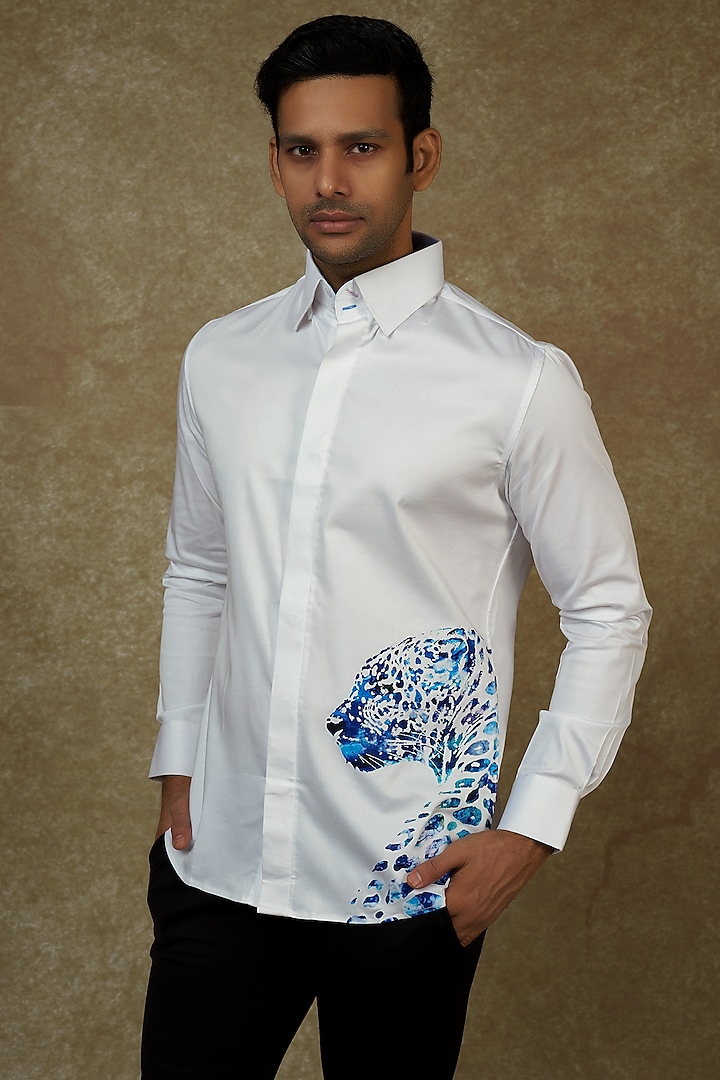 White Cotton Lycra Printed Shirt by AMIT ARORA