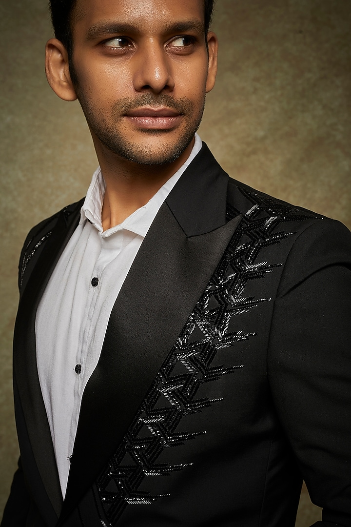 Black Poly Wool Embroidered Tuxedo Set by AMIT ARORA at Pernia's Pop Up Shop