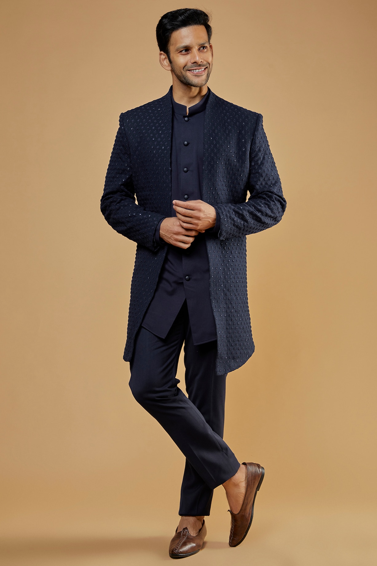 Navy Blue Viscose Jacquard Embroidered Indo-Western Set by AMIT ARORA at  Pernia's Pop Up Shop