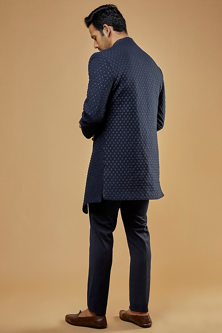 Navy Blue Viscose Jacquard Embroidered Indo-Western Set by AMIT ARORA at Pernia's Pop Up Shop