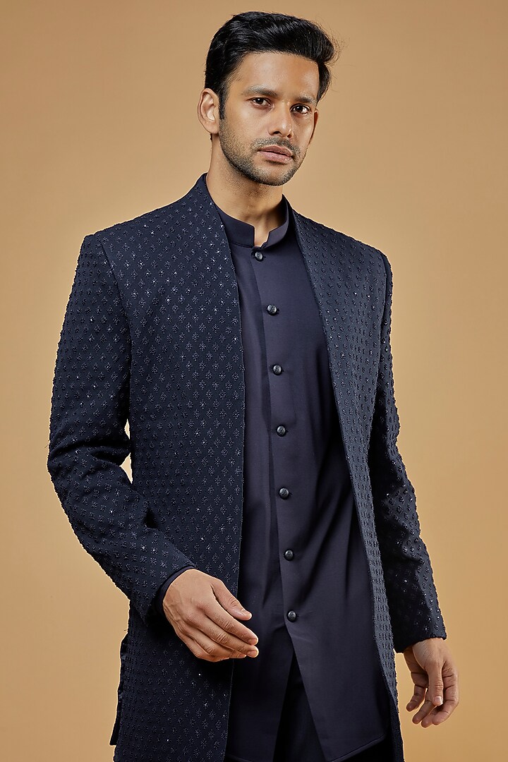 Navy Blue Viscose Jacquard Embroidered Indo-Western Set by AMIT ARORA at Pernia's Pop Up Shop