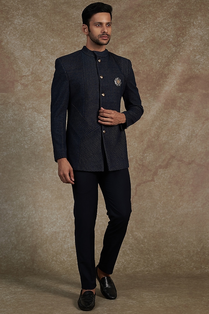 Navy Blue Cotton Lycra Bandhgala Jacket Set by AMIT ARORA