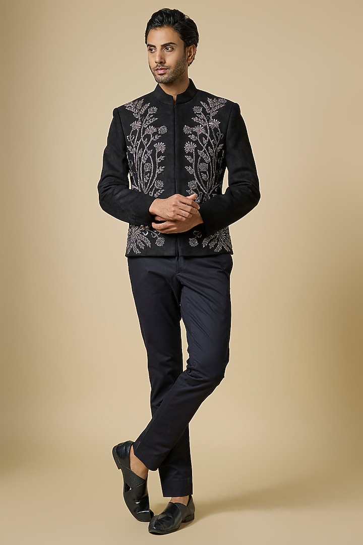 Black Silk Bundi Jacket Set by AMIT ARORA at Pernia's Pop Up Shop