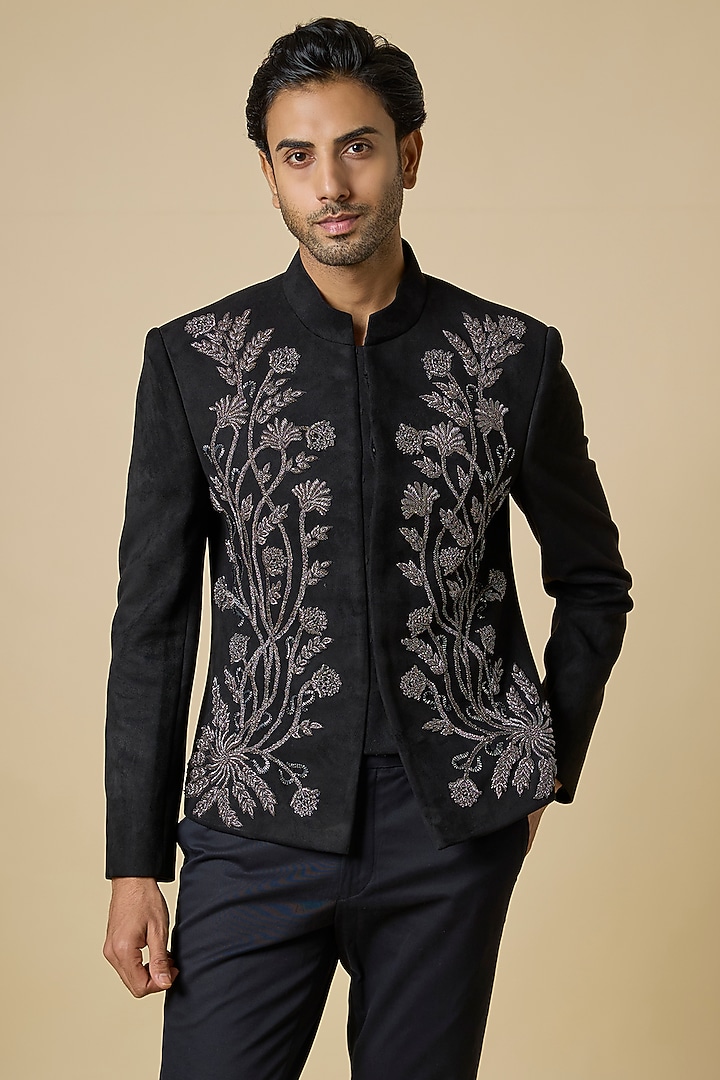 Black Silk Bundi Jacket Set by AMIT ARORA at Pernia's Pop Up Shop