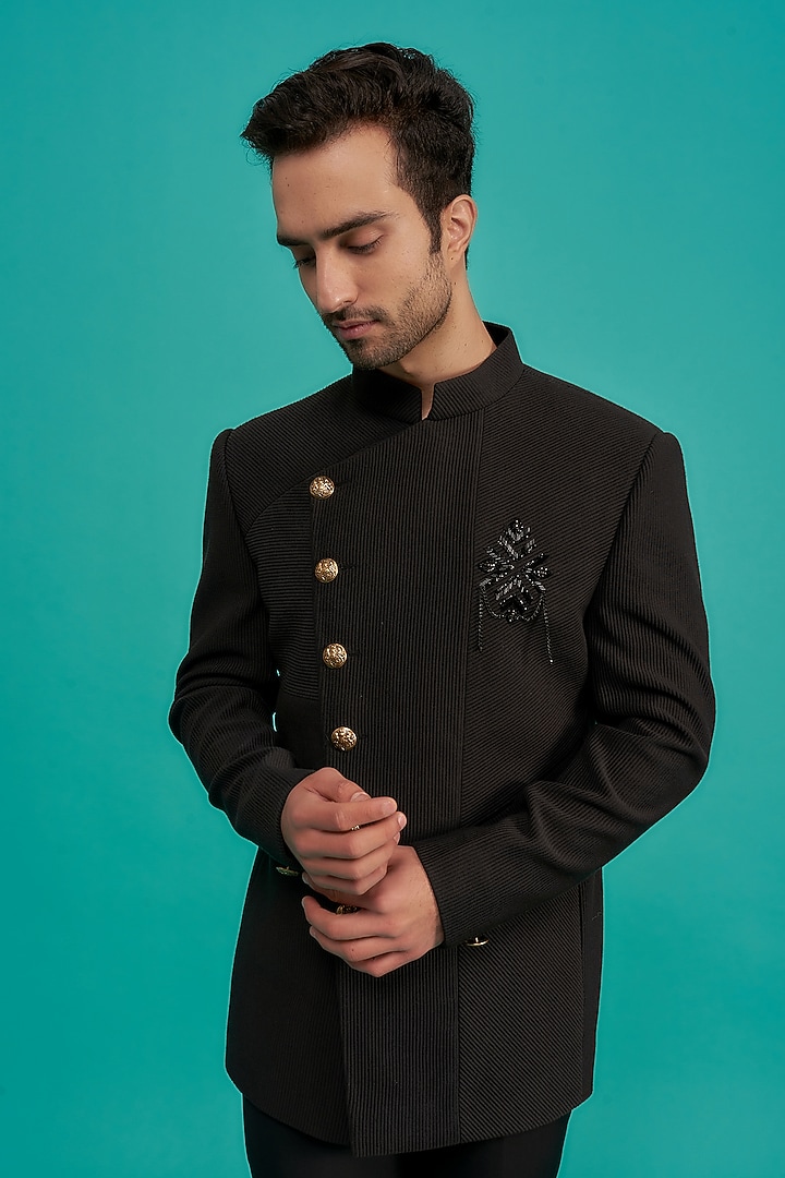 Black Poly Viscose Wedding Bandhgala Set by AMIT ARORA at Pernia's Pop Up Shop