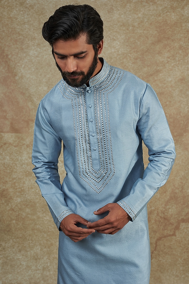 Blue Banarasi Silk Embellished Kurta Set by AMIT ARORA at Pernia's Pop Up Shop