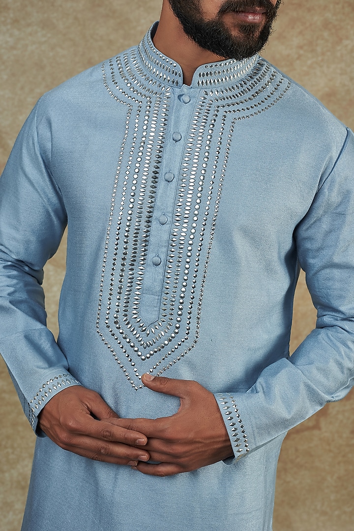 Blue Banarasi Silk Embellished Kurta Set by AMIT ARORA at Pernia's Pop Up Shop