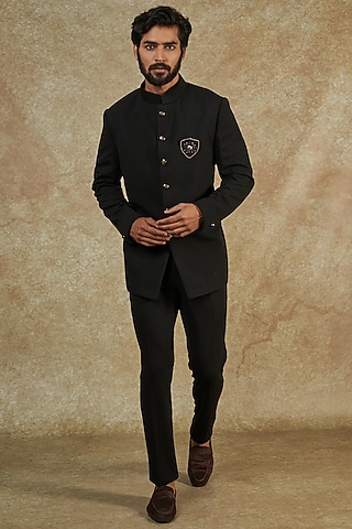 Black Poly Viscose Bandhgala Set by AMIT ARORA