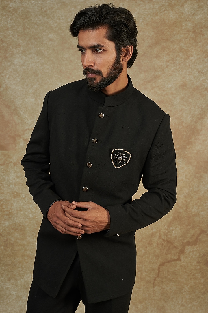 Black Poly Viscose Wedding Bandhgala Set by AMIT ARORA at Pernia's Pop Up Shop