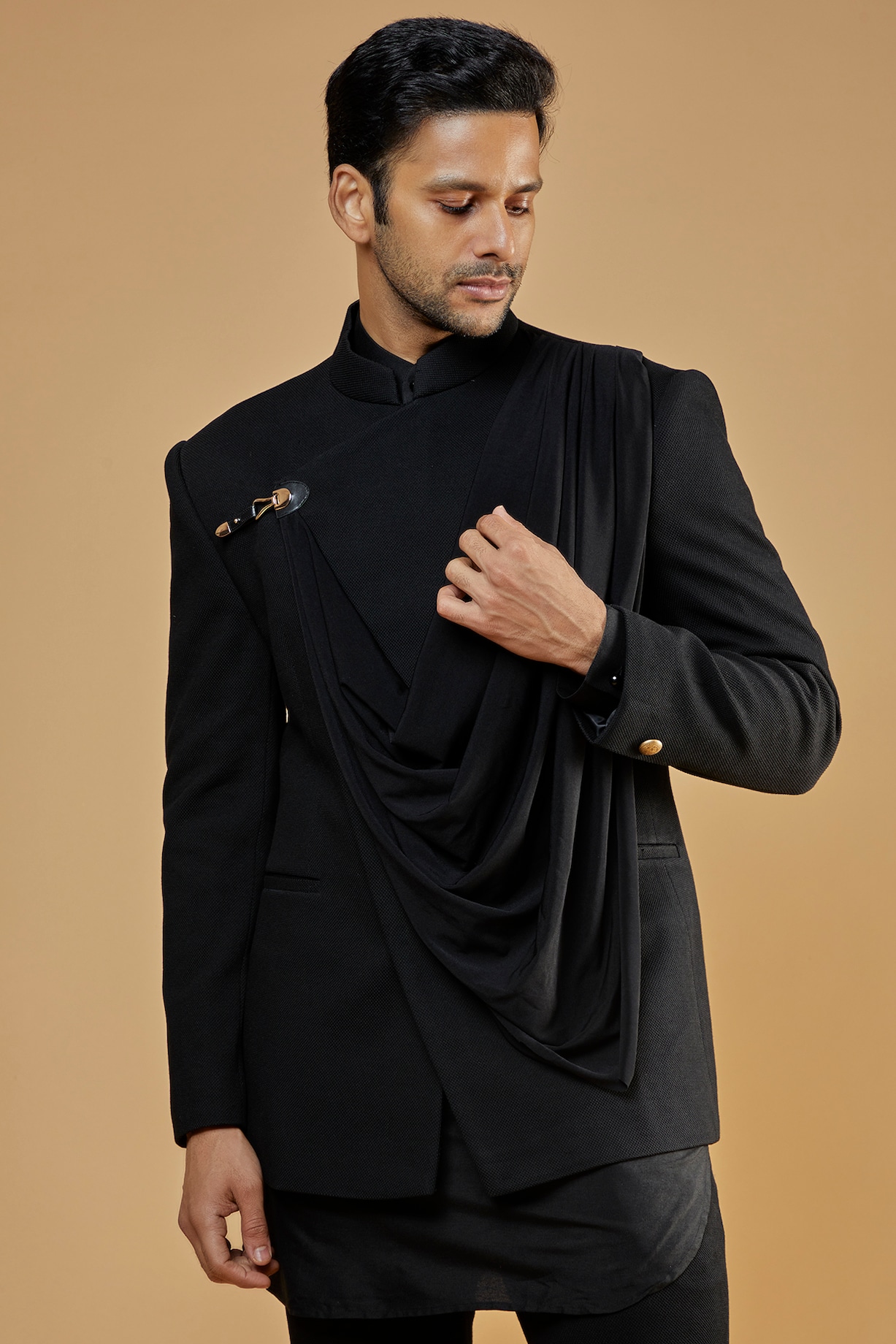 Black Textured Knit Indo-Western Jacket With Kurta Set by AMIT ARORA