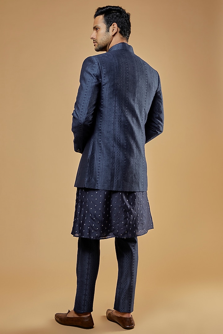 Navy Blue Silk Jacquard Wedding Indowestern Set by AMIT ARORA at Pernia's Pop Up Shop
