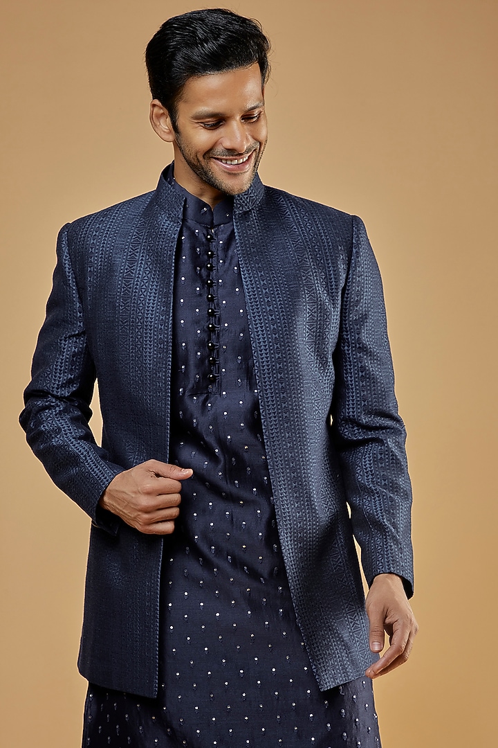 Navy Blue Silk Jacquard Wedding Indowestern Set by AMIT ARORA at Pernia's Pop Up Shop