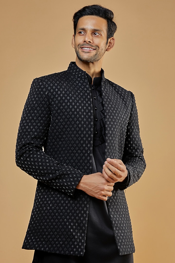 Black Viscose Jacquard Zardosi Hand Embroidered Indo-Western Set by AMIT ARORA at Pernia's Pop Up Shop