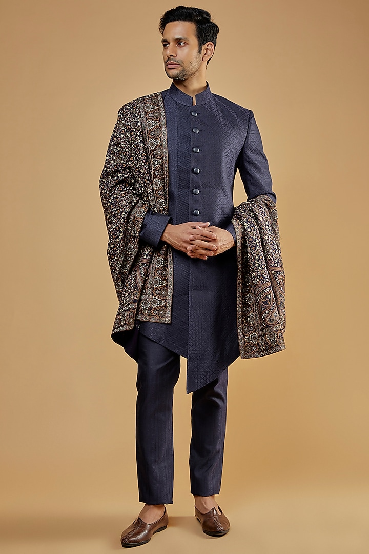 Navy Blue Banarasi Silk Sherwani Set by AMIT ARORA