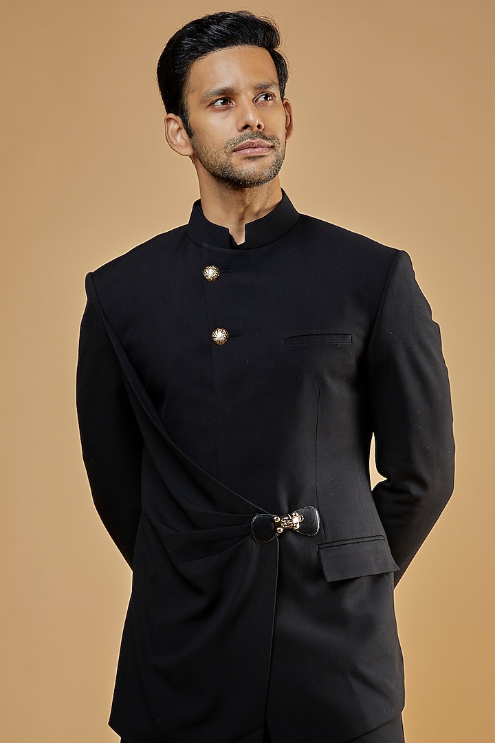 Black Textured Knit Wedding Indowestern Set by AMIT ARORA at Pernia's Pop Up Shop
