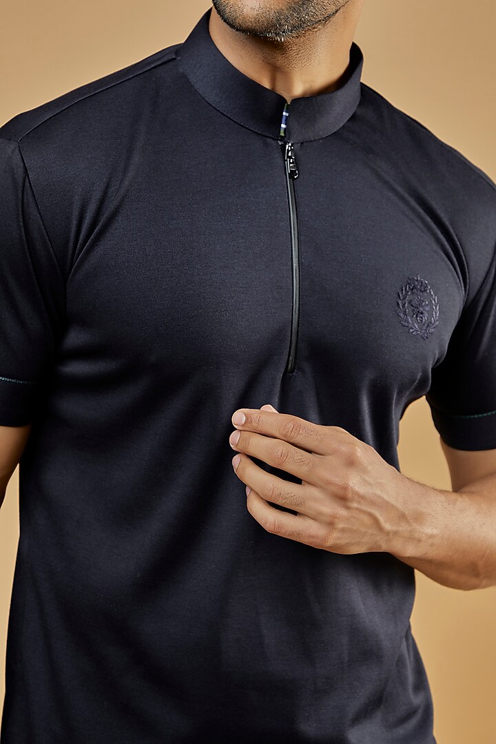 Navy Blue Knit T-Shirt by AMIT ARORA at Pernia's Pop Up Shop