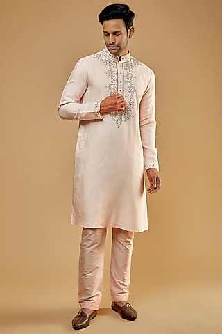 Baby Pink Banarasi Silk Embellished Kurta Set by AMIT ARORA