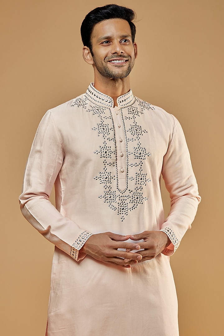Baby Pink Banarasi Silk Embellished Kurta Set by AMIT ARORA at Pernia's Pop Up Shop