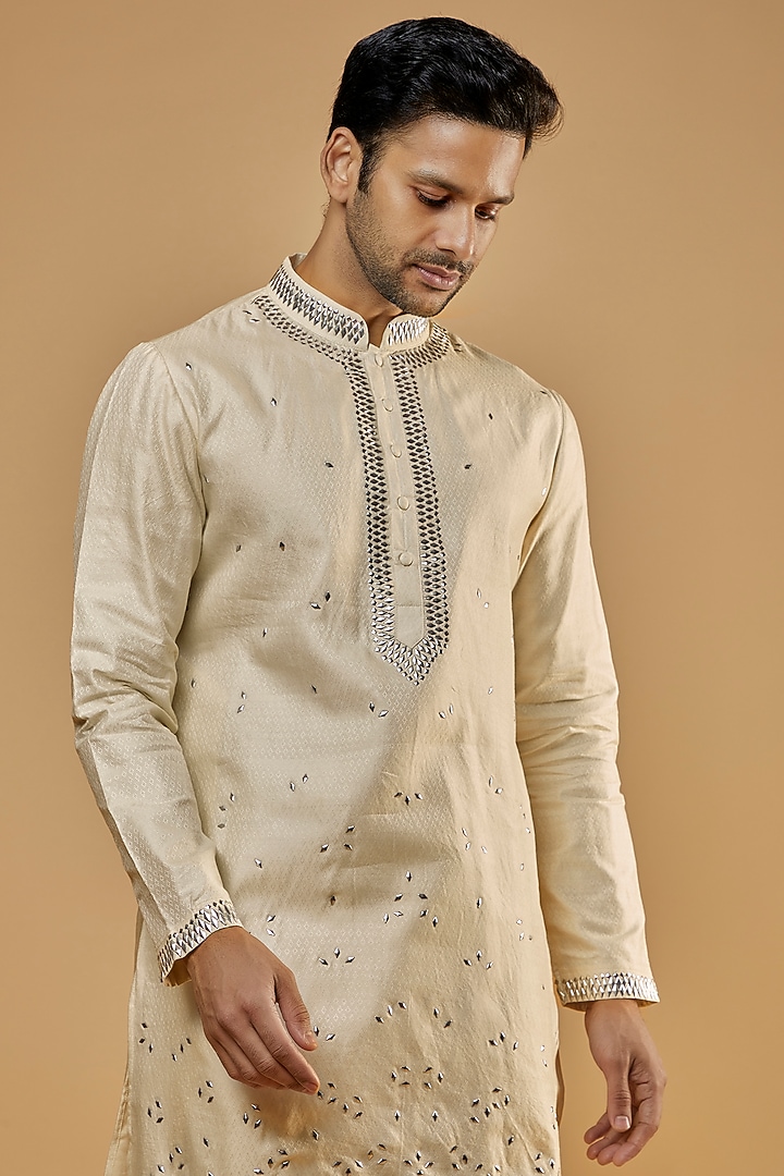 Cream Banarasi Silk Metal Embellished Kurta Set by AMIT ARORA at Pernia's Pop Up Shop