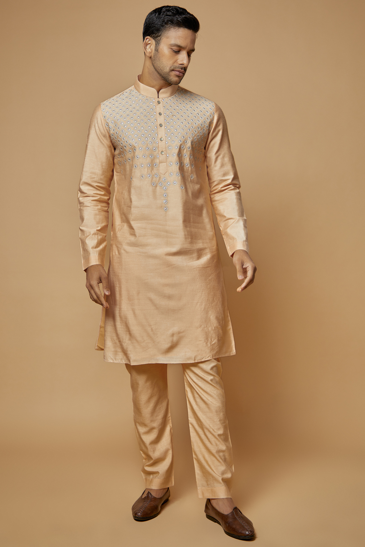 Peach Chanderi Silk Metal Embroidered Kurta Set by AMIT ARORA