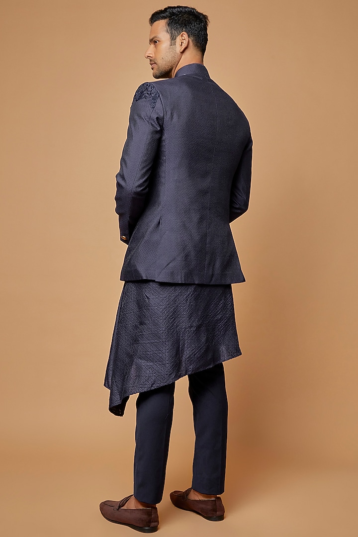Navy Blue Jacquard Silk Zardosi Hand Embrodiered Nehru Jacket by AMIT ARORA at Pernia's Pop Up Shop