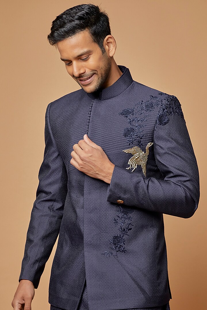 Navy Blue Jacquard Silk Zardosi Hand Embrodiered Nehru Jacket by AMIT ARORA at Pernia's Pop Up Shop