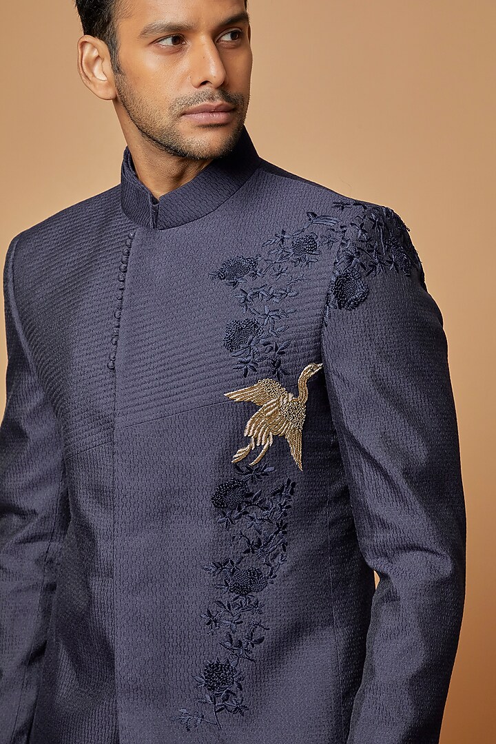 Navy Blue Jacquard Silk Zardosi Hand Embrodiered Nehru Jacket by AMIT ARORA at Pernia's Pop Up Shop