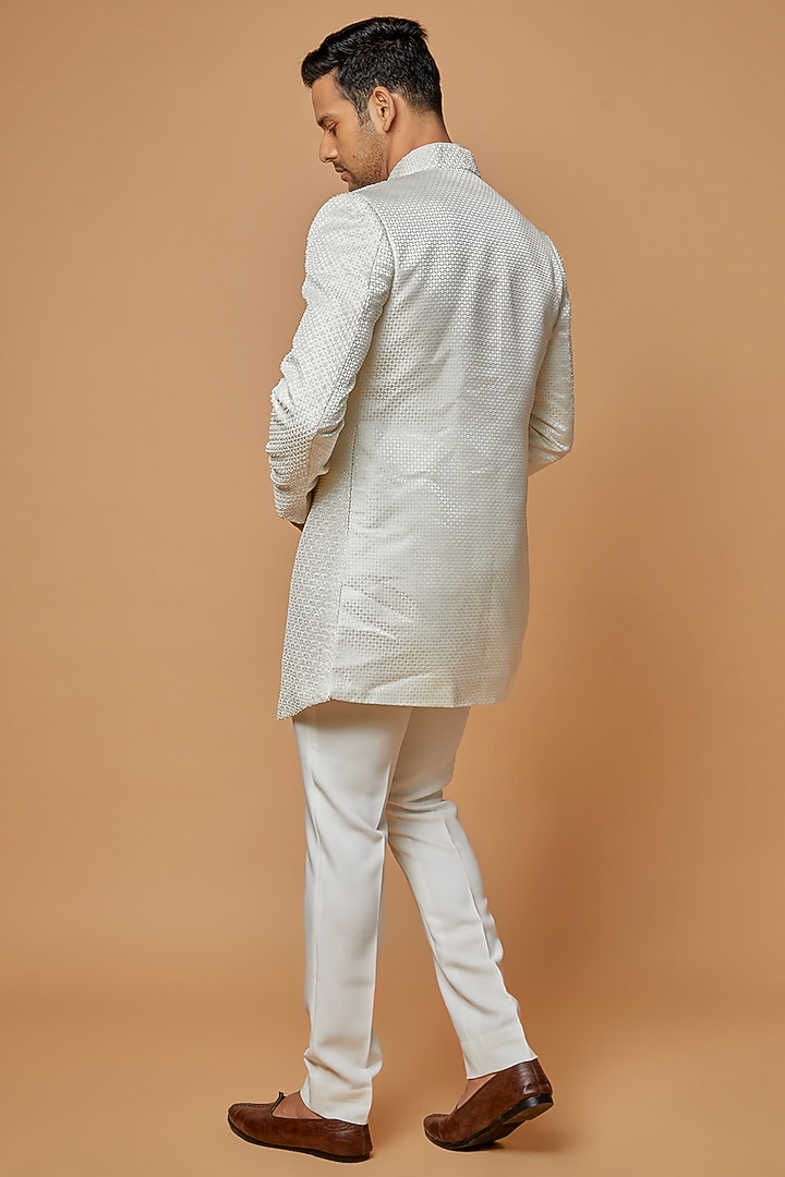 Ivory Jacquard Silk Hand Embroidered Long Wedding Indowestern Jacket Set by AMIT ARORA at Pernia's Pop Up Shop
