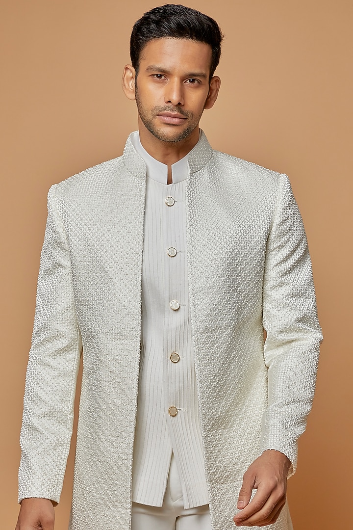 Ivory Jacquard Silk Hand Embroidered Long Wedding Indowestern Jacket Set by AMIT ARORA at Pernia's Pop Up Shop